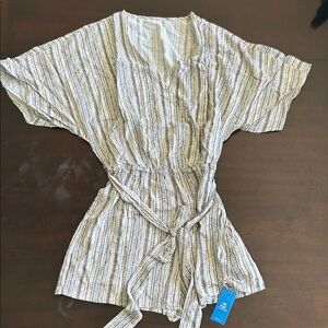 CUPSHE Women Beach Cover Up V Neck Short Sleeve Striped Midi Swimsuit Coverup